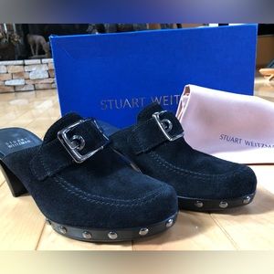 New Stuart Weitzman black suede spike heel clogs